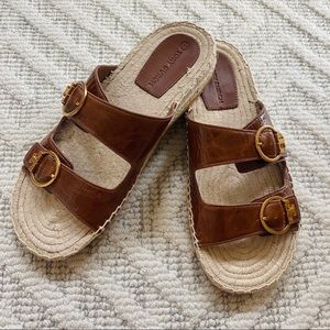Tory Burch  Brown Leather Selby Two-Band Espadrille Slide Sandal- Size 9.5
